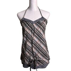 Vans Womens Halter Top‎ Medium Plaid Diagonal Stripe Cotton Linen Trim Grey Pink